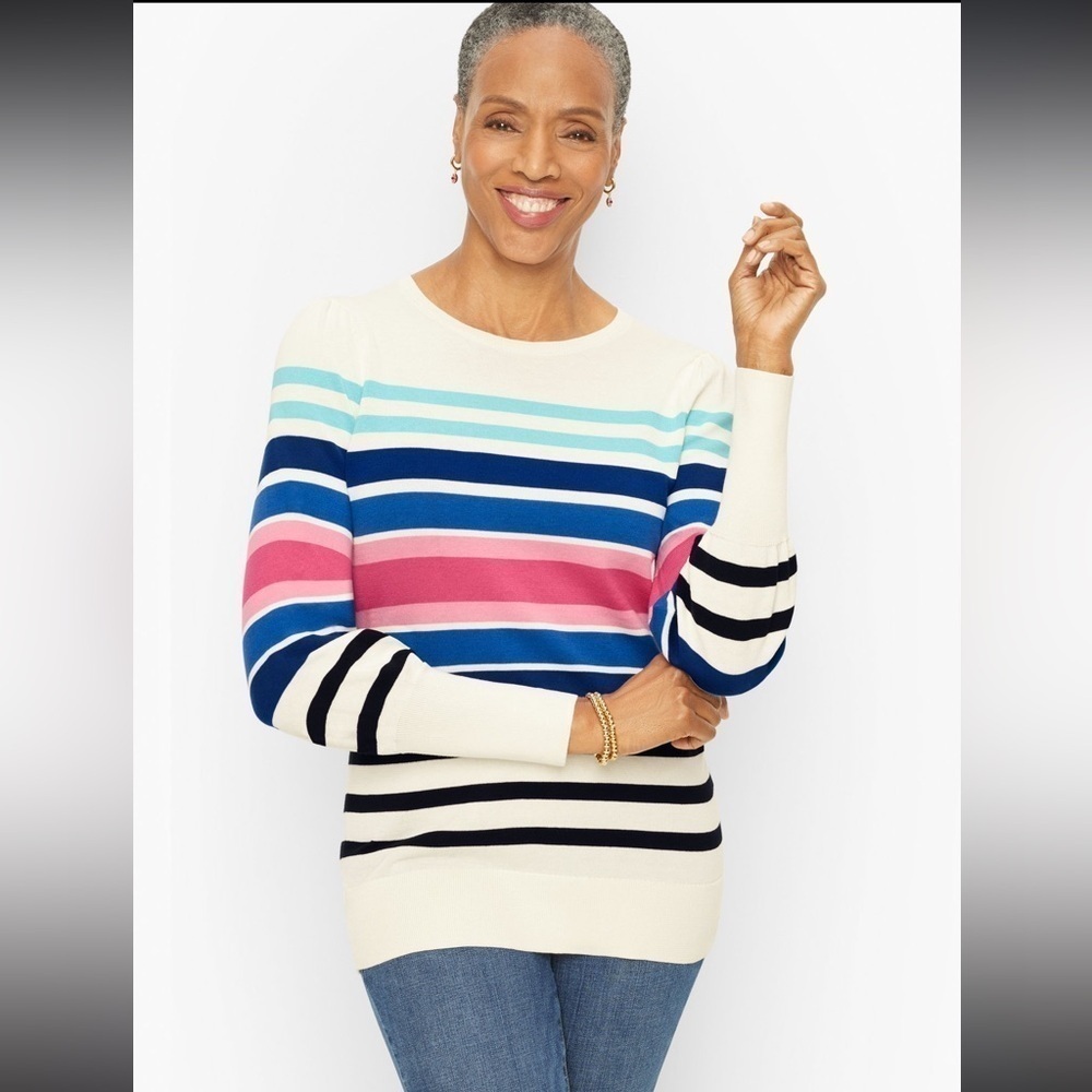 Talbots Puff Sleeve Sweater Polished Stripe - Ivory - Small